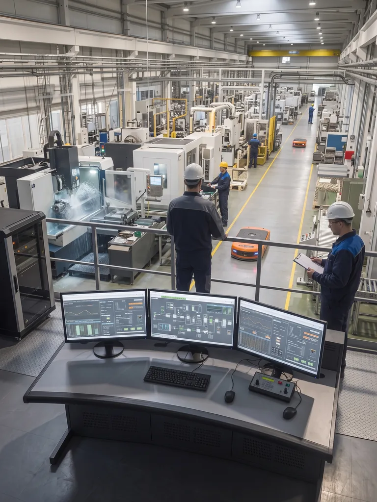 Puesto de control con cuatro pantallas de proceso y dos operarios revisando la nave desde la pasarela