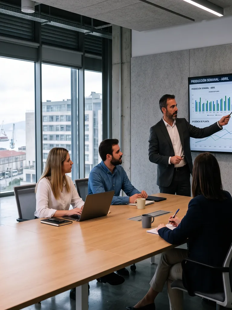 Reunión de equipo en sala de juntas, con el gráfico de producción semanal en la pantalla