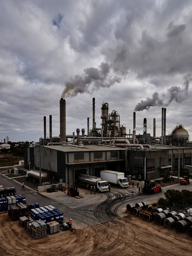 Planta industrial vista desde arriba, con los camiones cisterna en la campa